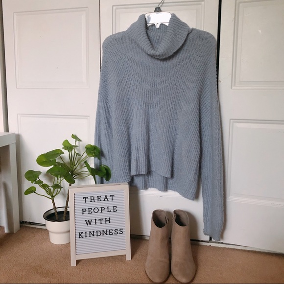 SO Sweaters - SKY BLUE TURTLE COWL NECK KNIT LIGHTWEIGHT SWEATER
